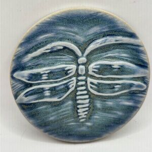 Blue Dragonfly Raku pottery. Wall art, coaster.